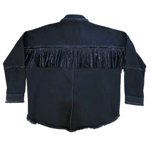 Zara Cowgirl Concert Dazzler Rhinestone Fringe Jewel Black Jacket Denim Oversize - Picture 3 of 8